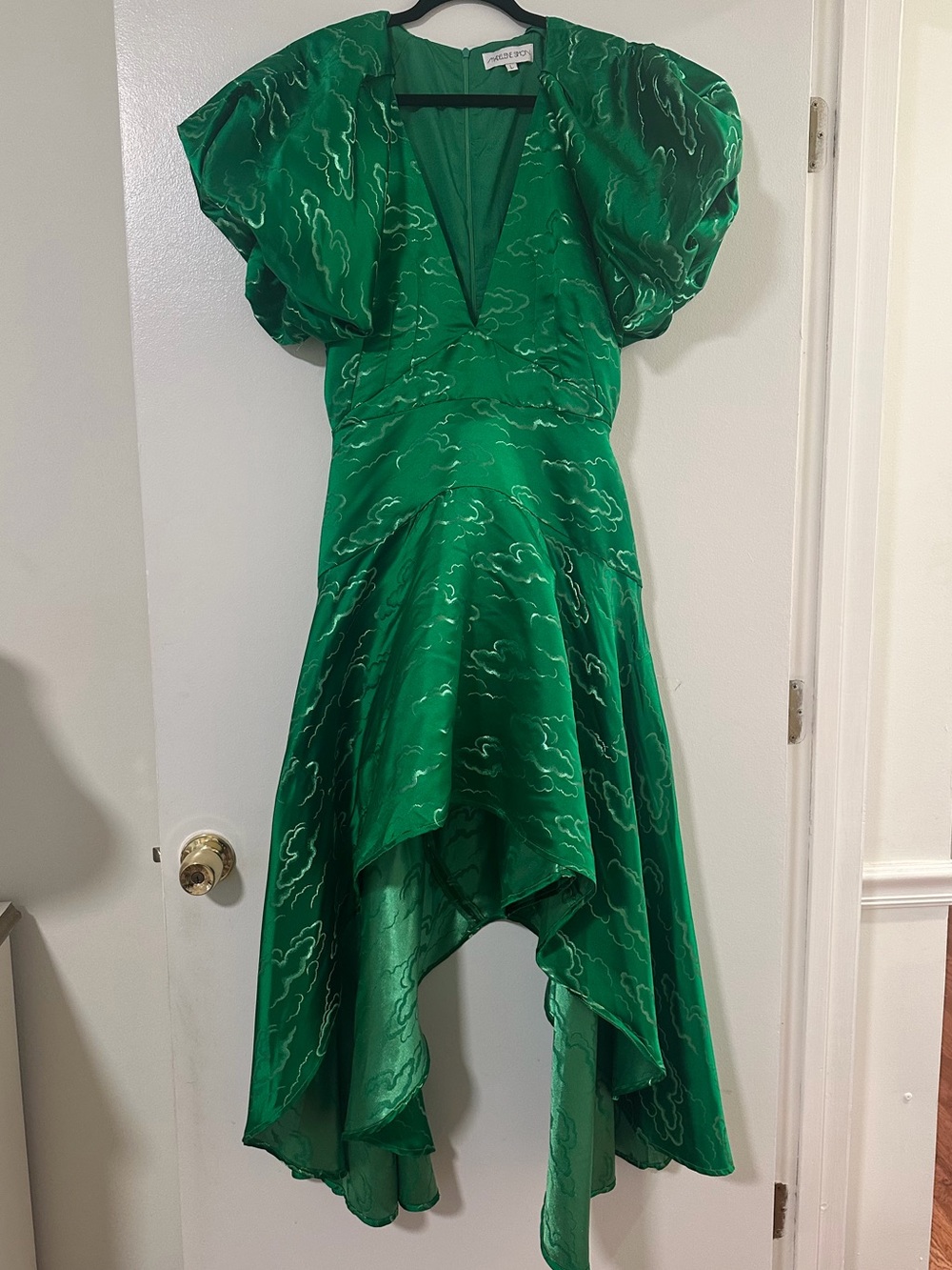 Madeline Simon Studio Emerald V-Neck Puff Sleeve High-Low Dress